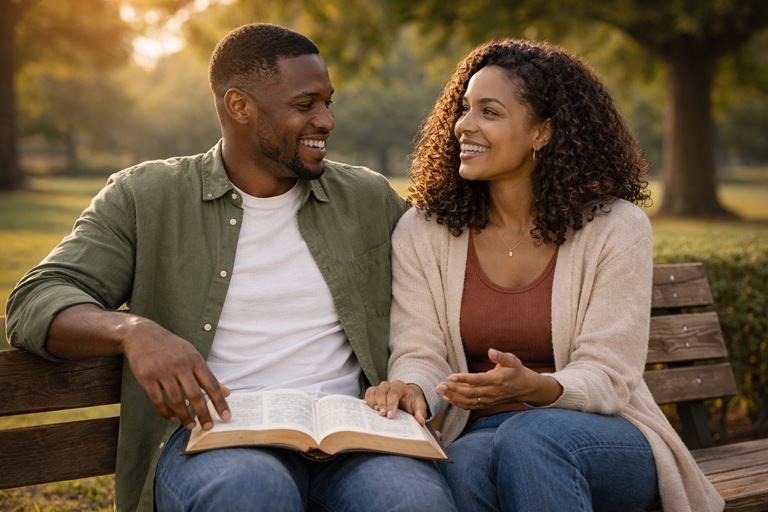 Man and woman reading scriptures together outdoors
